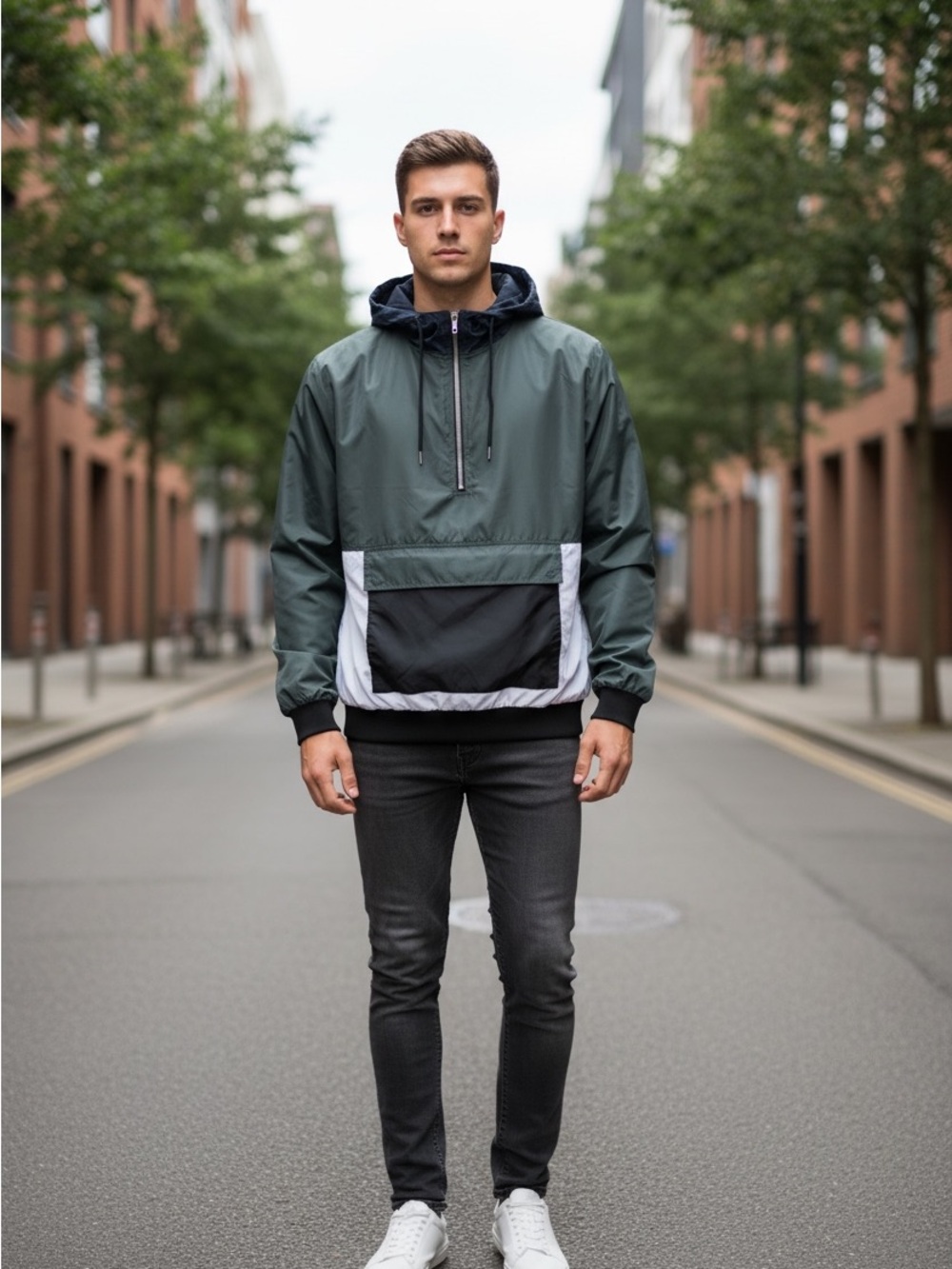 Forever 21 Men's Hooded Windbreaker in Dark Green with Black & White Accents